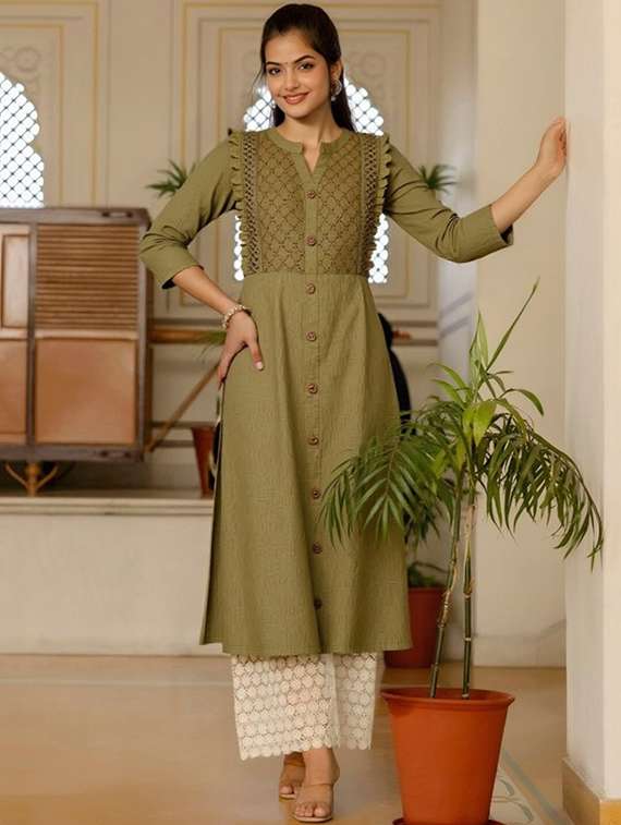 women solid three quarter sleeve straight kurta