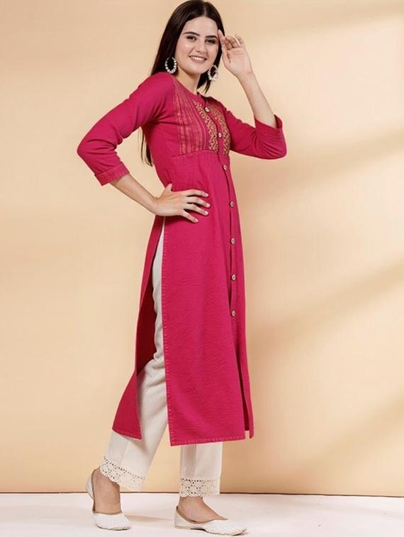 women solid three quarter sleeve straight kurta - 22035280 - Standard Image - 2