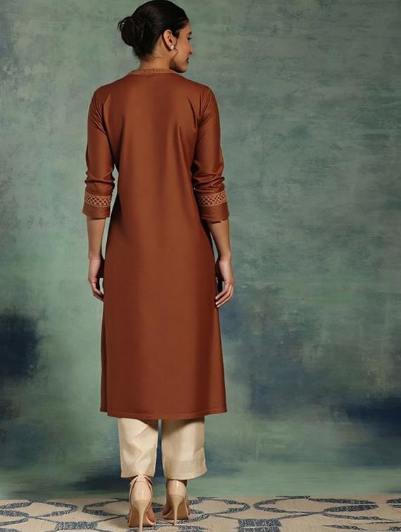 women solid three quarter sleeve straight kurta - 22035281 - Standard Image - 2