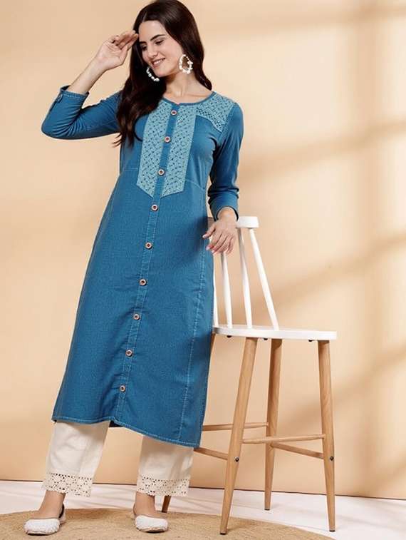 women solid three quarter sleeve straight kurta