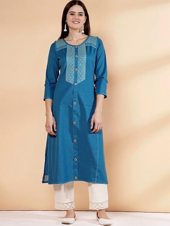 women solid three quarter sleeve straight kurta - 22035282 - Standard Image - 2