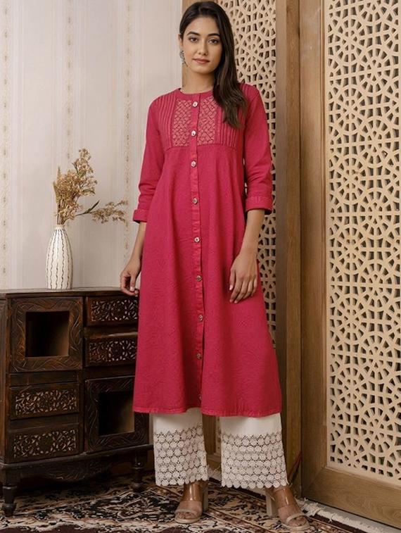 women solid three quarter sleeve a-line kurta - 22035287 - Zoom Image - 0