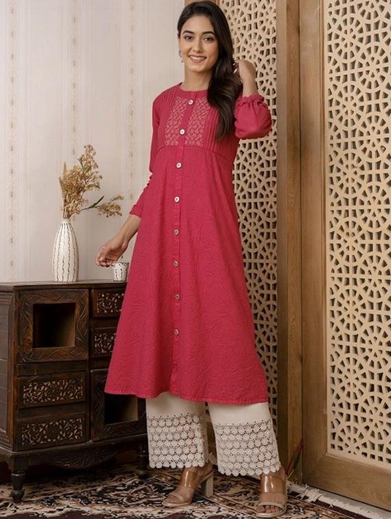 women solid three quarter sleeve a-line kurta - 22035287 - Standard Image - 2