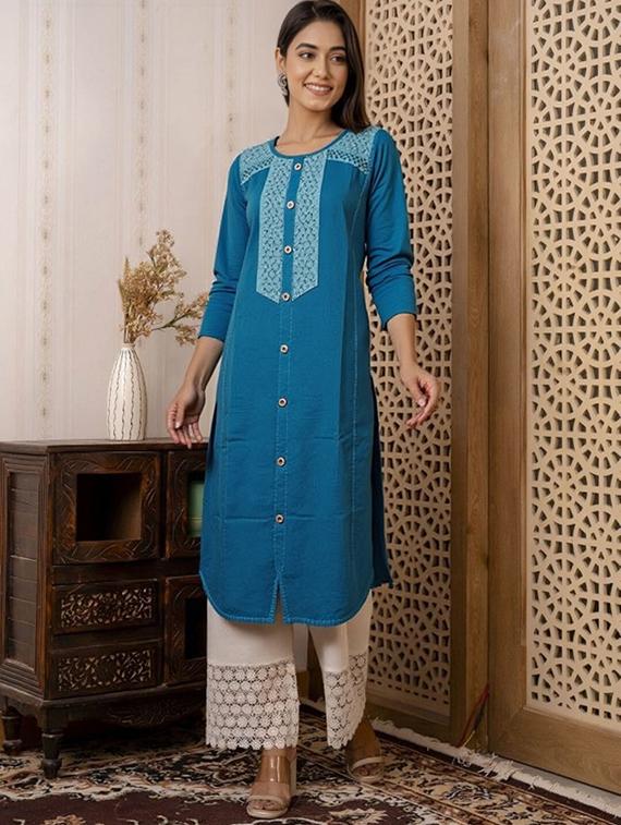 women solid three quarter sleeve straight kurta - 22035289 - Standard Image - 2