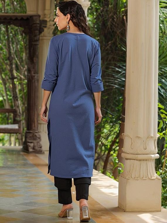 women solid three quarter sleeve straight kurta - 22035296 - Standard Image - 2