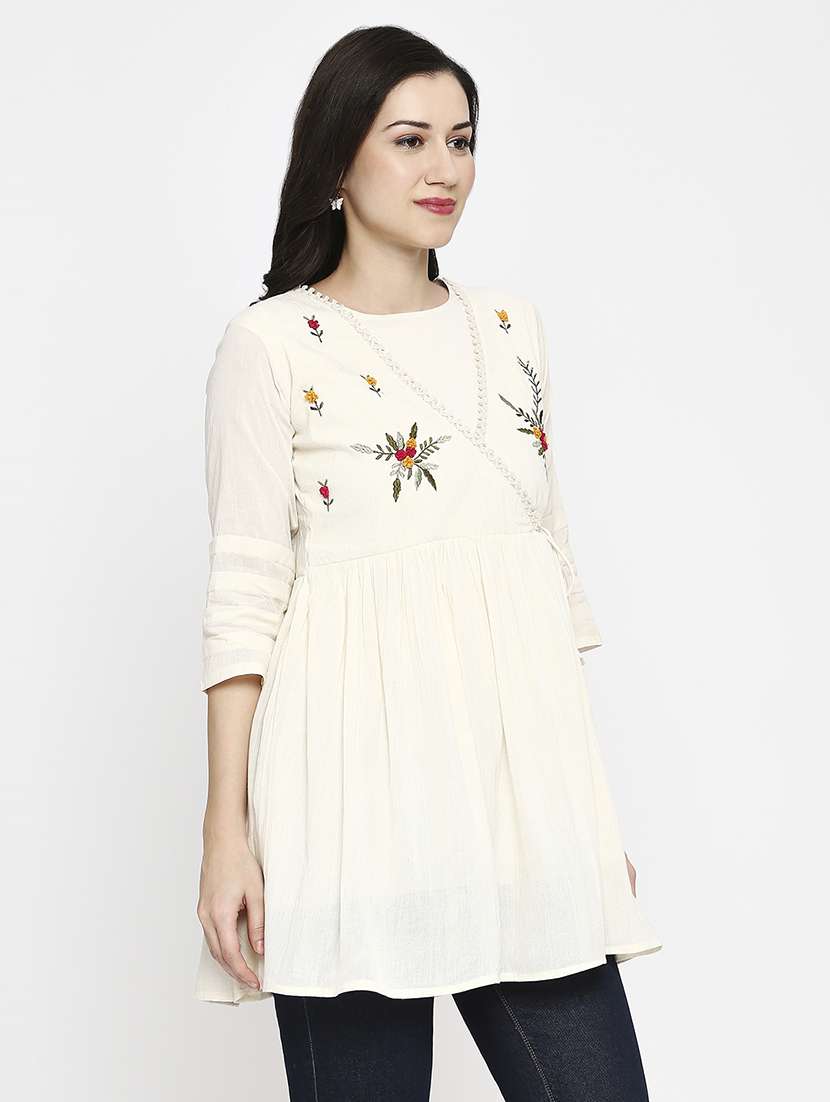 women embroidered three quarter sleeve ethnic top - 22035303 -  Standard Image - 2