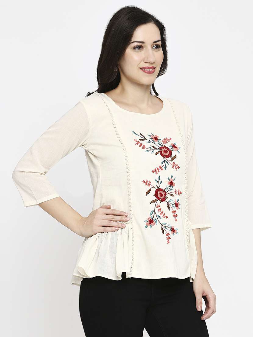 women embroidered three quarter sleeve ethnic top - 22035305 -  Standard Image - 2