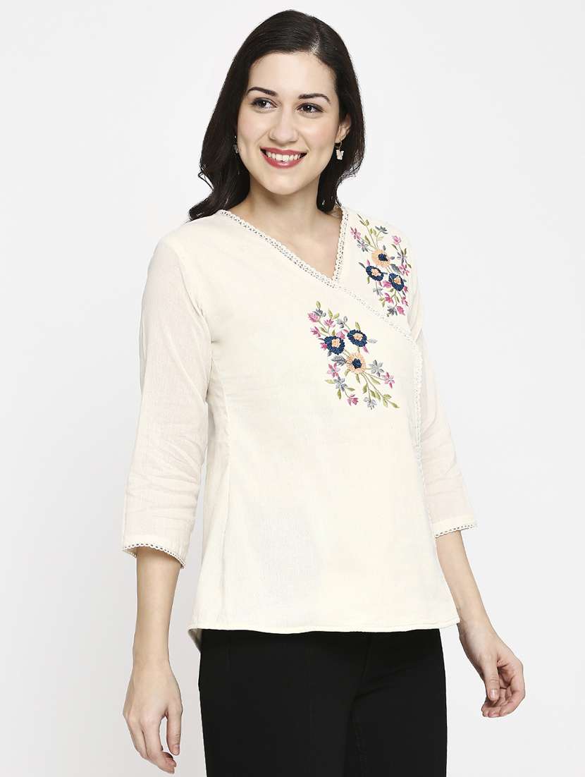 women embroidered three quarter sleeve ethnic top - 22035306 -  Standard Image - 2