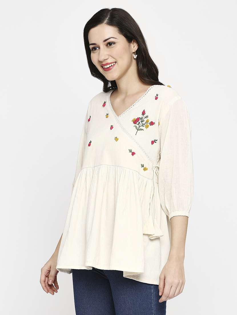 women embroidered three quarter sleeve ethnic top - 22035307 -  Standard Image - 2