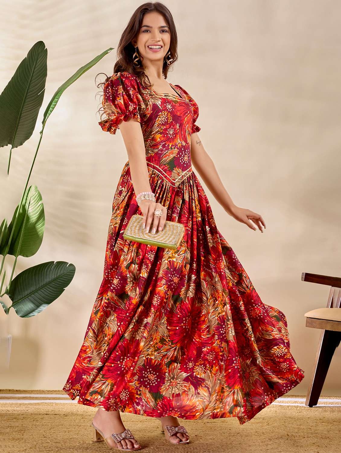 women printed puff sleeve fit & flare dress - 22035406 - Zoom Image - 0