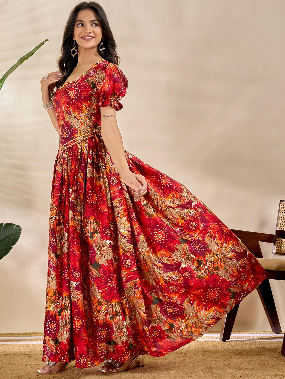 women printed puff sleeve fit & flare dress - 22035406 - Standard Image - 2
