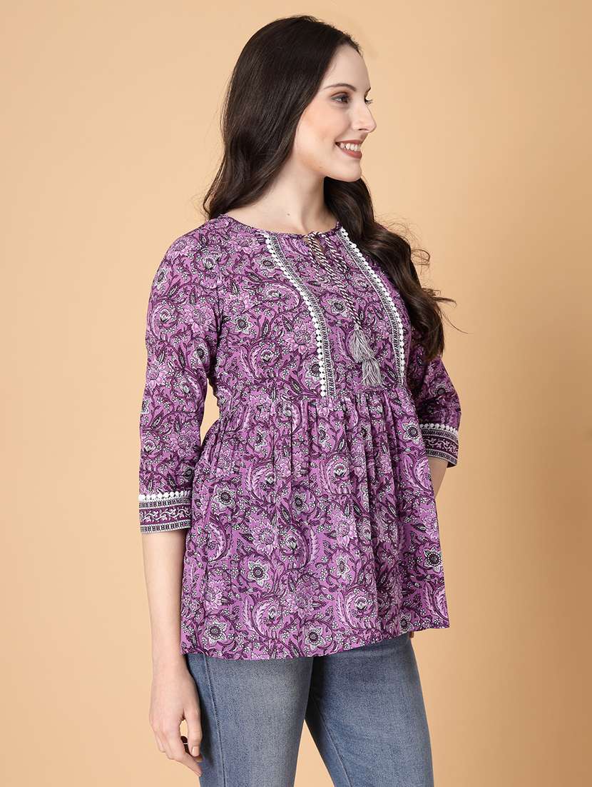 women printed three quarter sleeve flared kurti - 22035423 -  Standard Image - 2