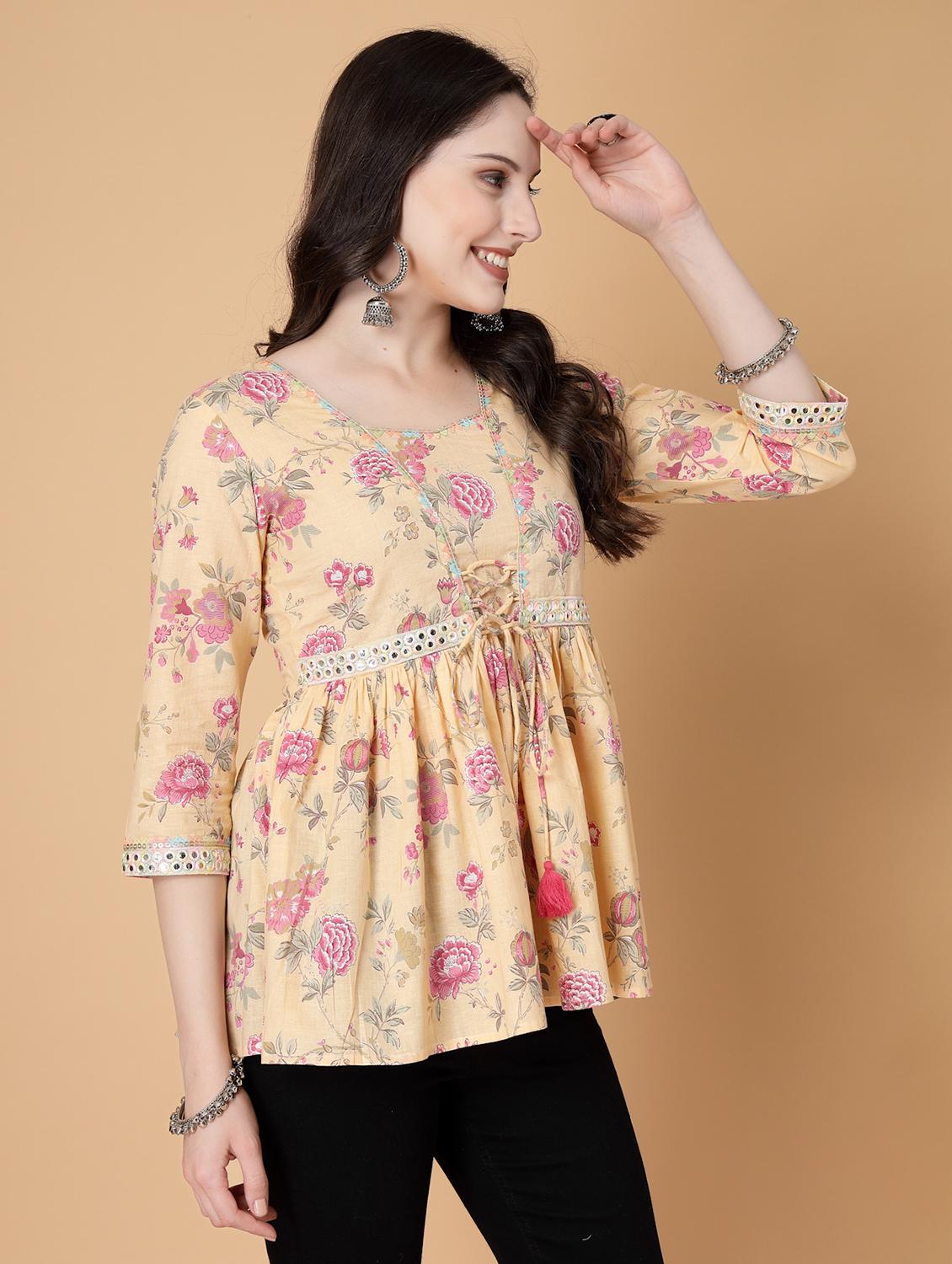 women printed three quarter sleeve flared kurti - 22035425 - Standard Image - 2