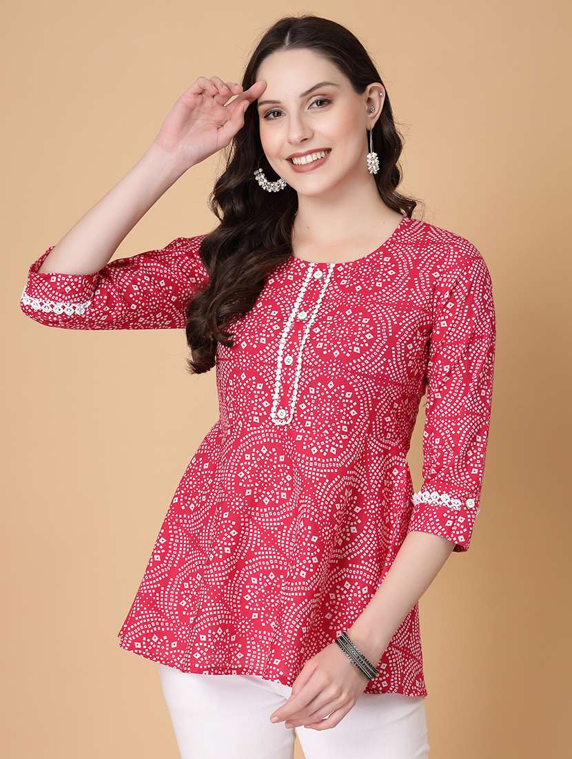 women printed three quarter sleeve a-line kurti