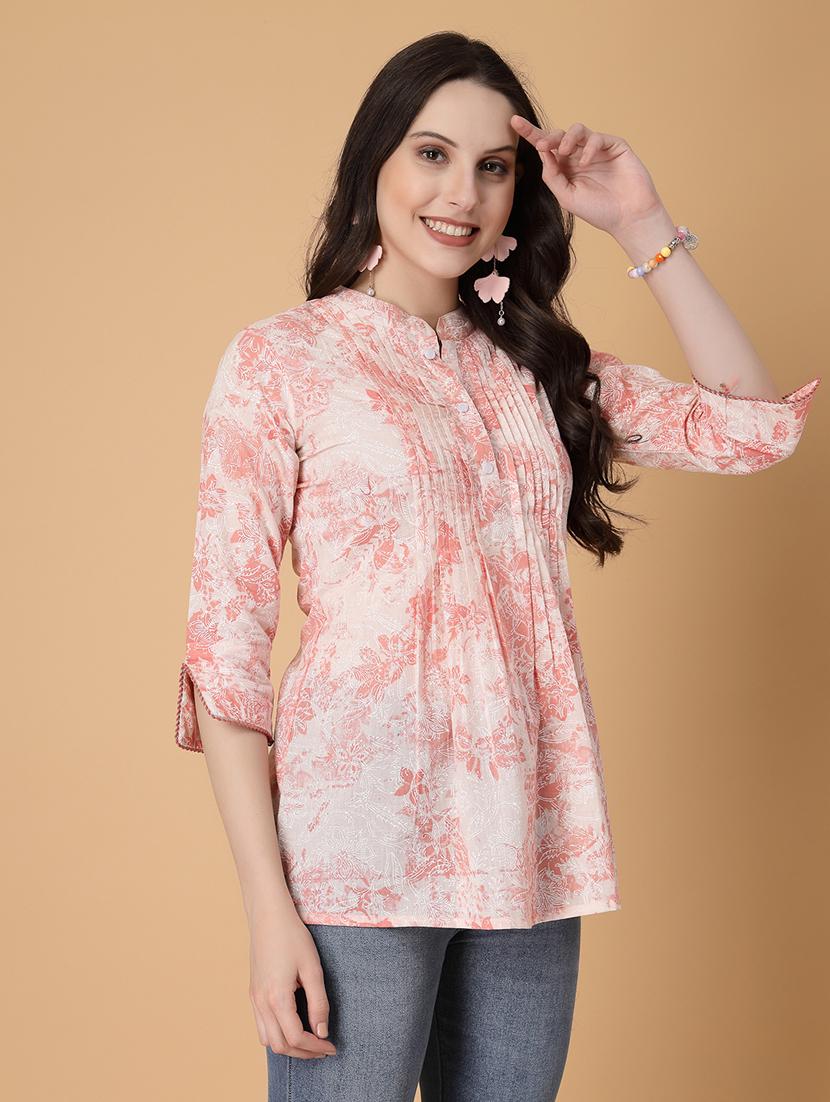 women floral pringt mandarin neck regular top - 22035428 - Standard Image - 2