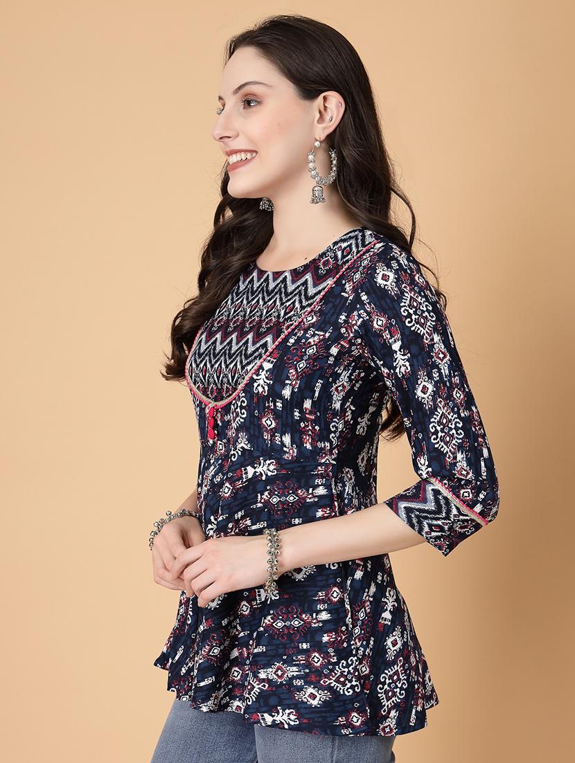 women printed three quarter sleeve a-line kurti - 22035429 - Standard Image - 2