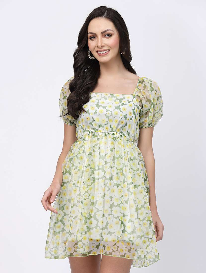 women floral print puff sleeve fit & flare dress