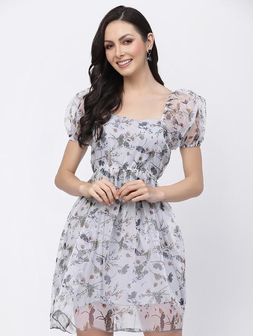 women floral print puff sleeve fit & flare dress - 22035586 - Standard Image - 0
