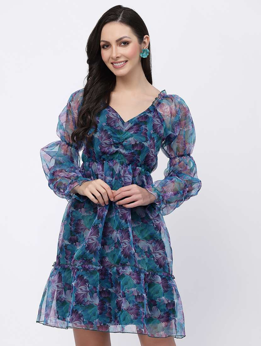 women floral print puff sleeve tiered dress