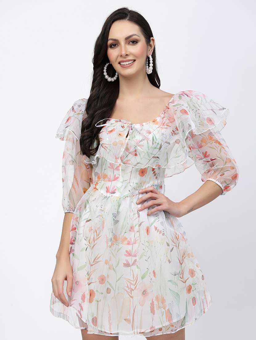 women floral print flared sleeve fit & flare dress