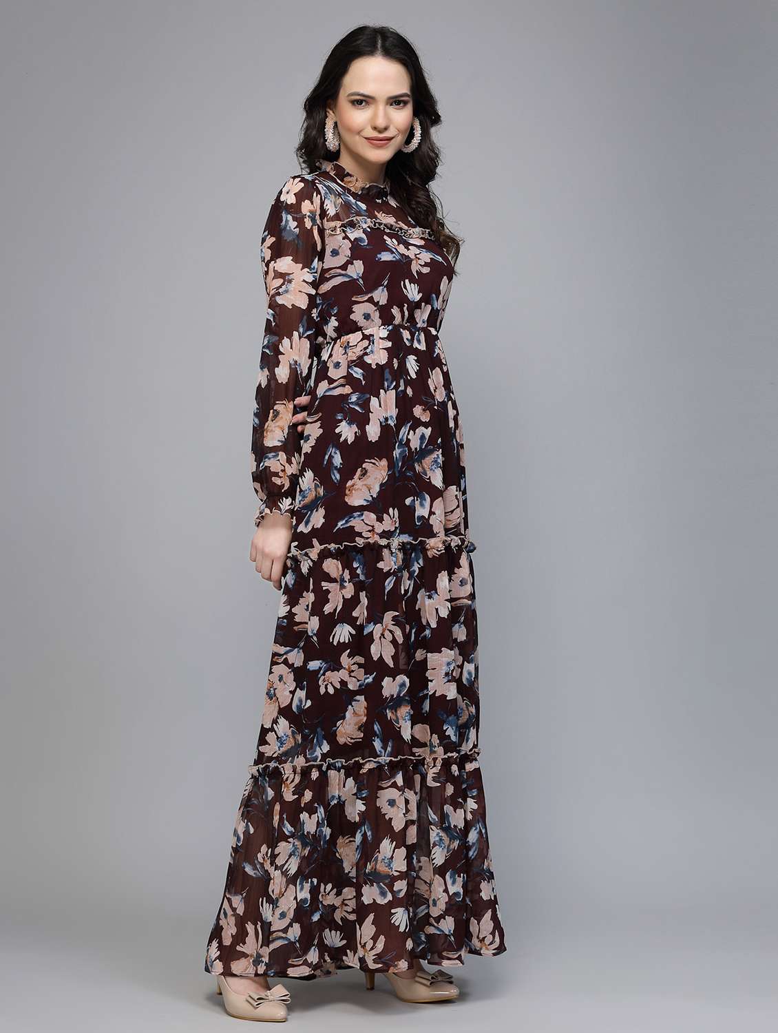 women floral print long sleeve tiered dress - 22035593 - Standard Image - 2