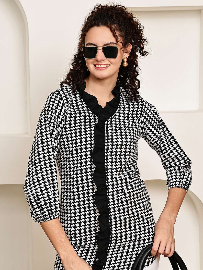 women houndstooth print v-neck regular top