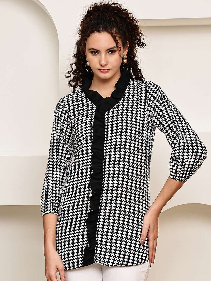 women houndstooth print v-neck regular top - 22035594 -  Standard Image - 2