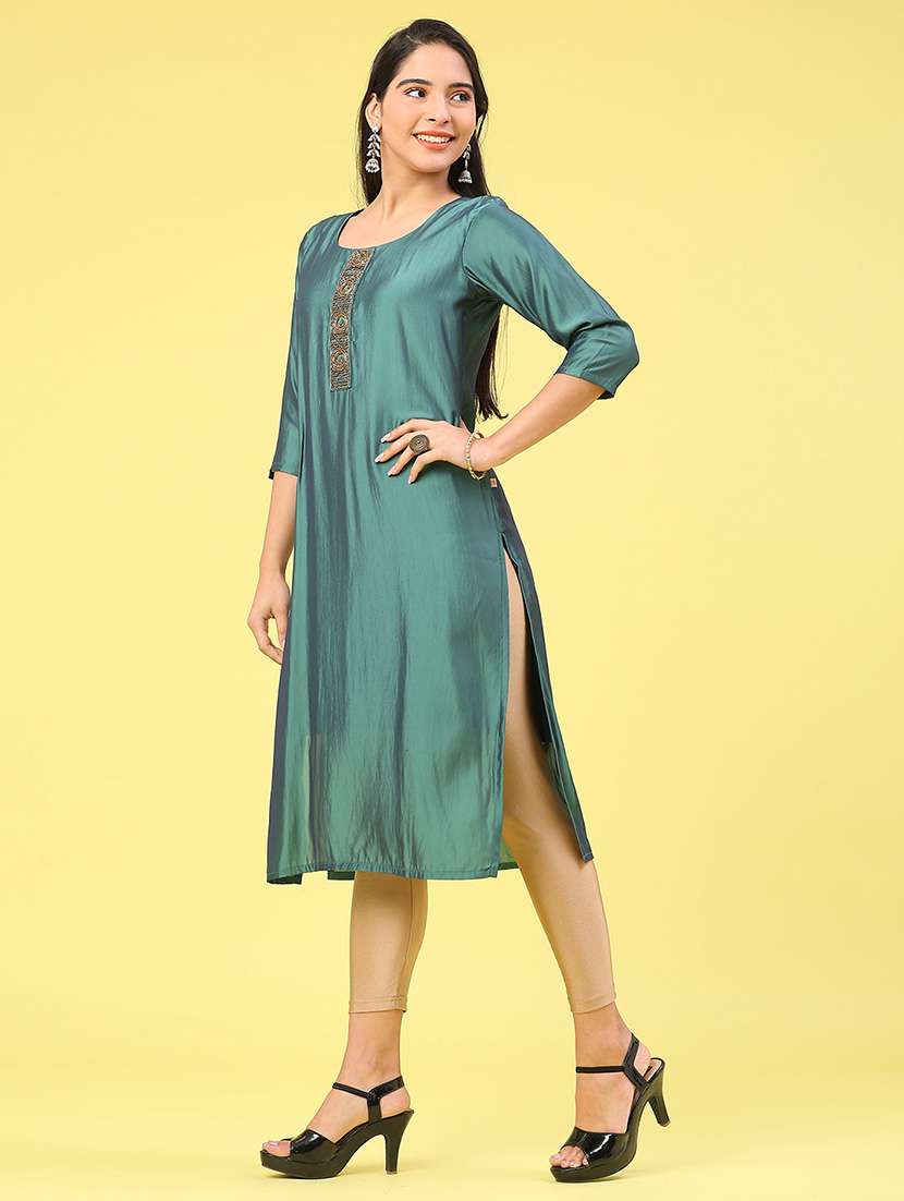 women solid with work three quarter sleeve straight kurta - 22035678 -  Standard Image - 2