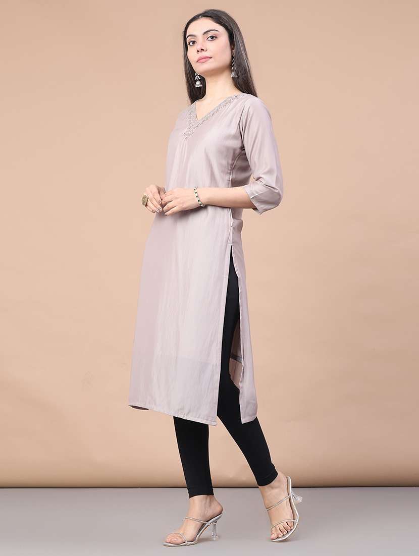 women solid with work three quarter sleeve straight kurta - 22035681 -  Standard Image - 2