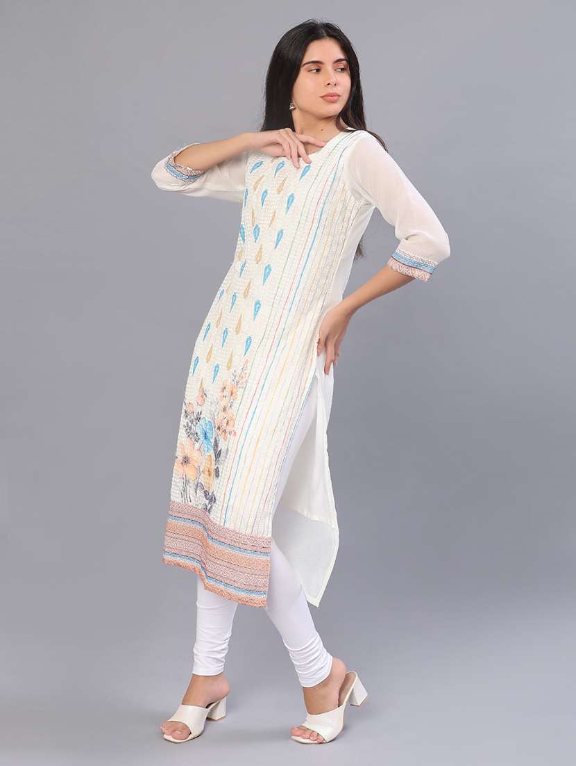 women solid with work three quarter sleeve straight kurta - 22035901 -  Standard Image - 2