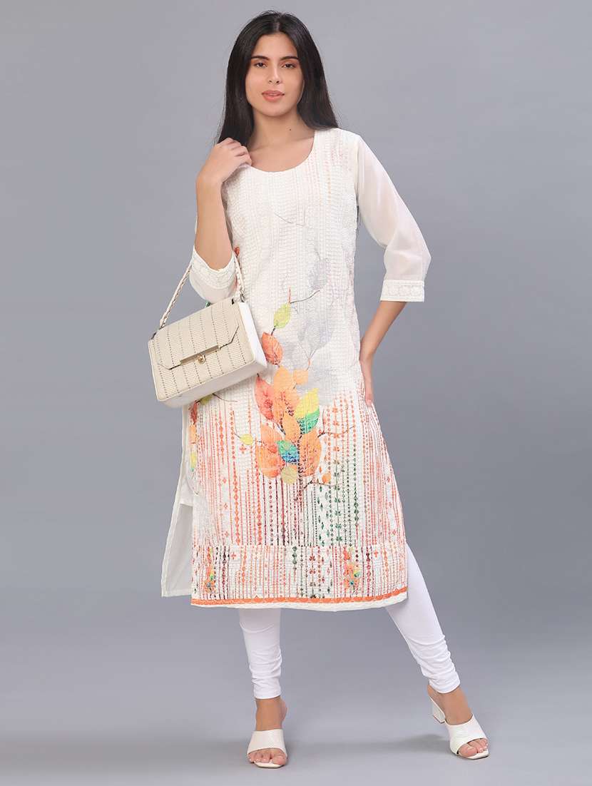 women printed three quarter sleeve straight kurta
