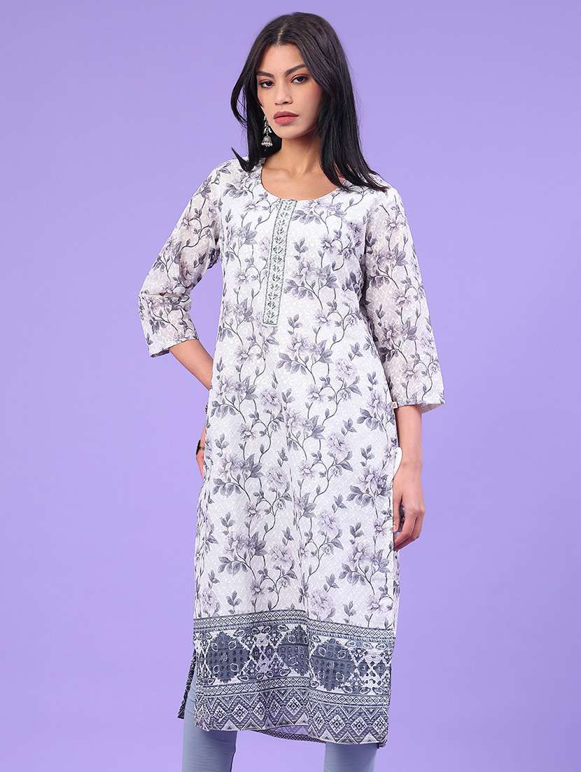 women floral printed three quarter sleeve straight kurta - 22035974 -  Standard Image - 2