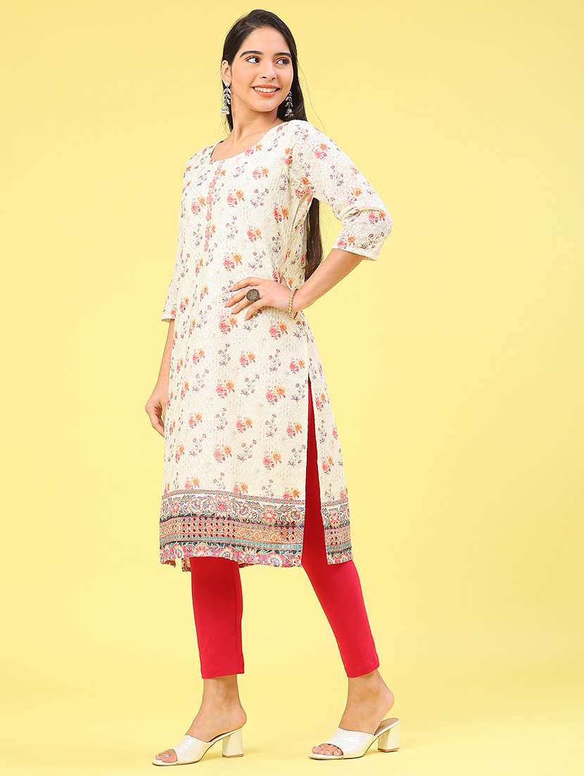 women floral printed three quarter sleeve straight kurta - 22035976 -  Standard Image - 2