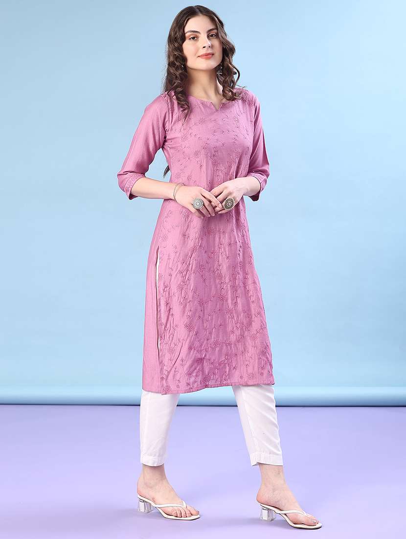 women solid with work three quarter sleeve straight kurta - 22036020 -  Standard Image - 2