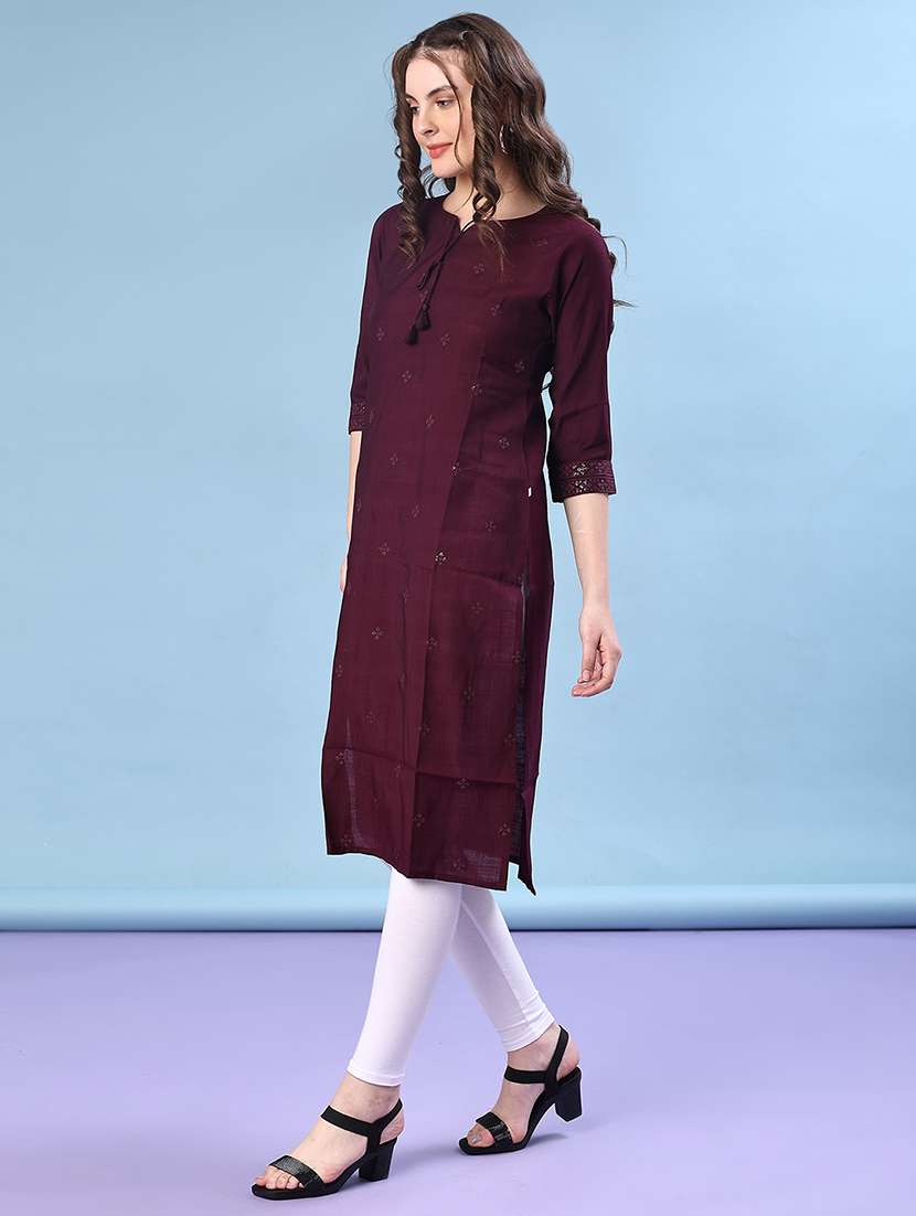 women solid with work three quarter sleeve straight kurta - 22036021 -  Standard Image - 2