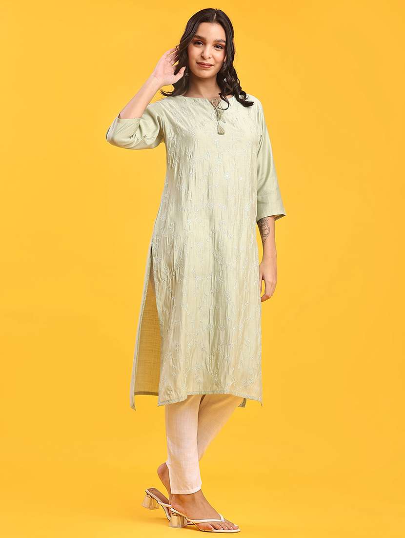 women solid with work three quarter sleeve straight kurta - 22036022 -  Standard Image - 2