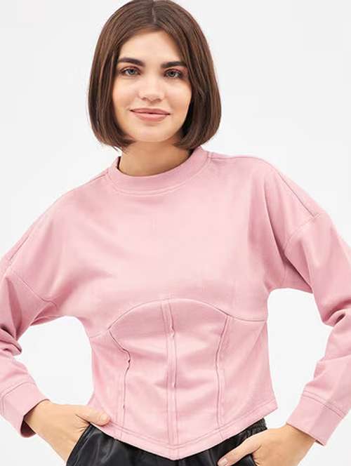 women pink solid long sleeve sweatshirt - 22036502 -  Standard Image - 0