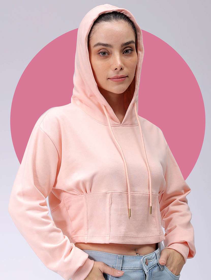 women solid long sleeve hooded cropped sweatshirt - 22036507 - Zoom Image - 0