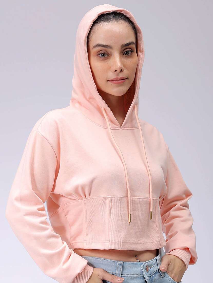 women solid long sleeve hooded cropped sweatshirt - 22036507 - Standard Image - 2