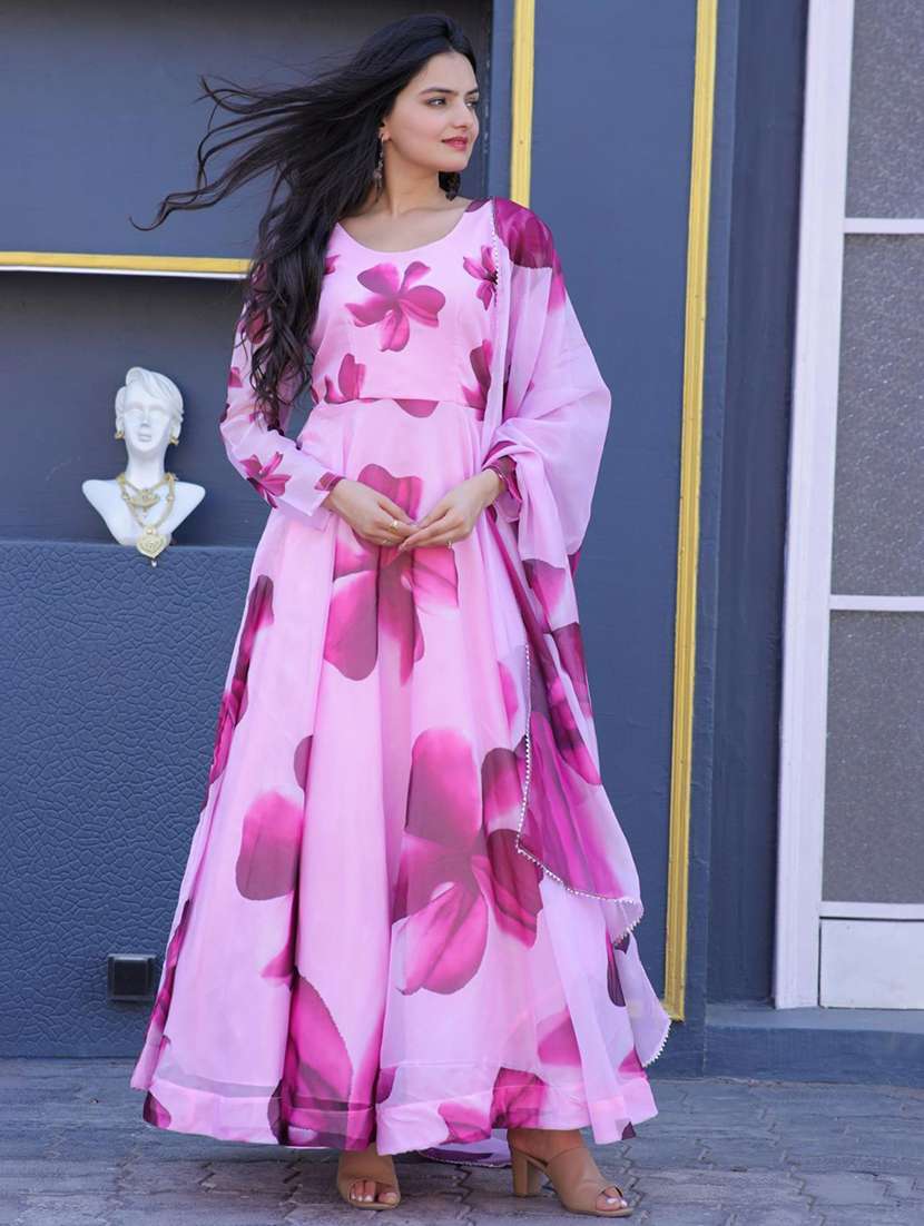 women floral print long sleeve anarkali kurta and dupatta set