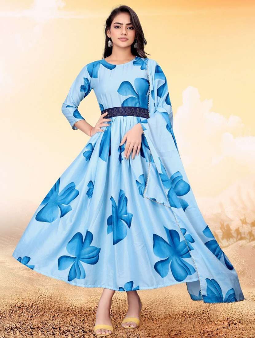 women floral print long sleeve anarkali kurta and dupatta set