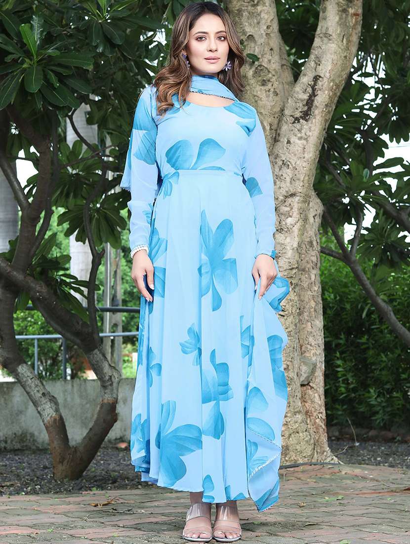 women floral print long sleeve anarkali kurta and dupatta set