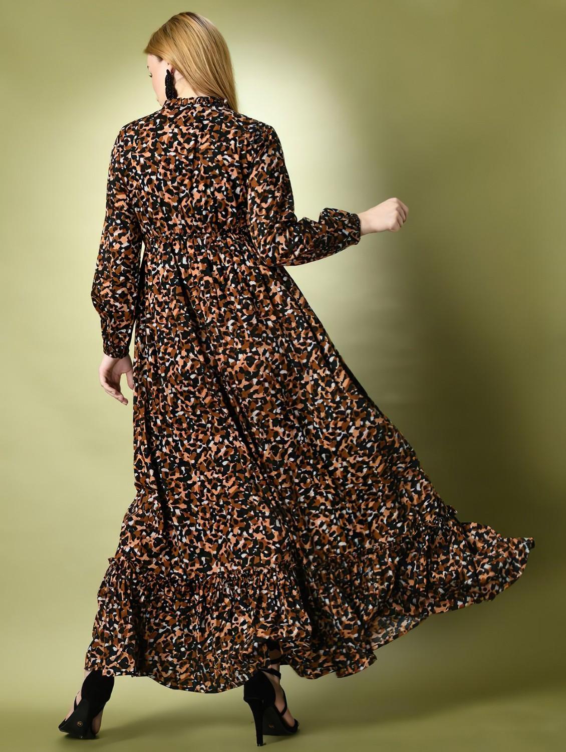 women animal print long sleeve tiered dress - 22036668 - Standard Image - 2