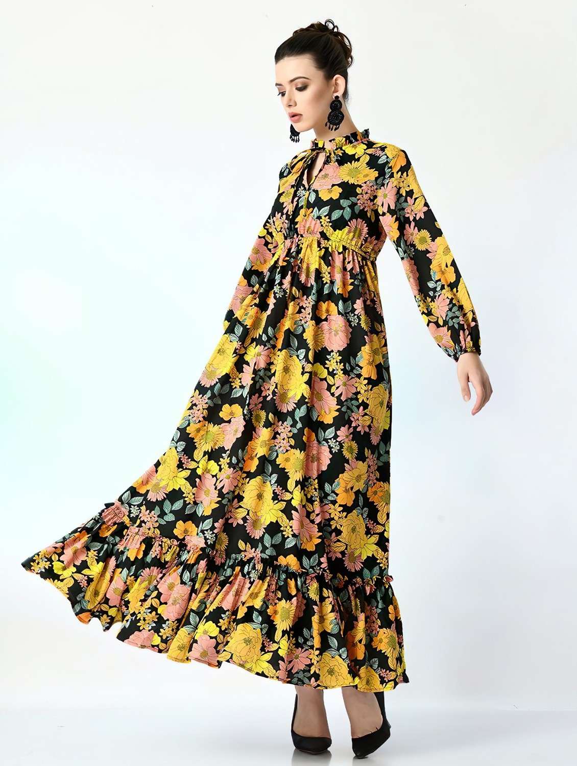 women floral print long sleeve tiered dress