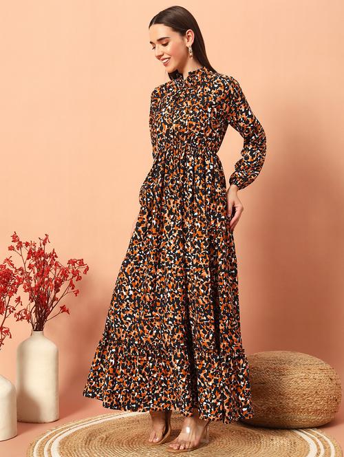 women animal print long sleeve tiered dress - 22036677 - Standard Image - 0