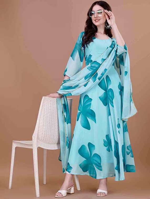women floral printed three quarter sleeve kurta dupatta set