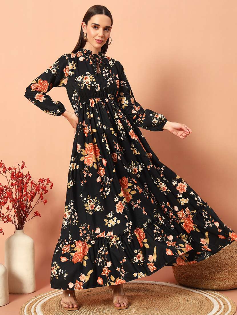 women floral printed long sleeve tiered maxi dress