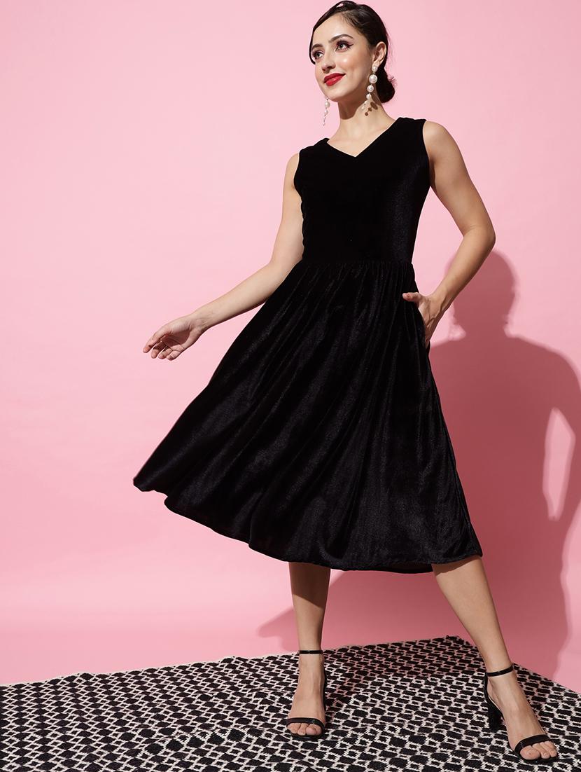 women solid sleeveless velvet fit & flare dress - 22036908 - Standard Image - 2