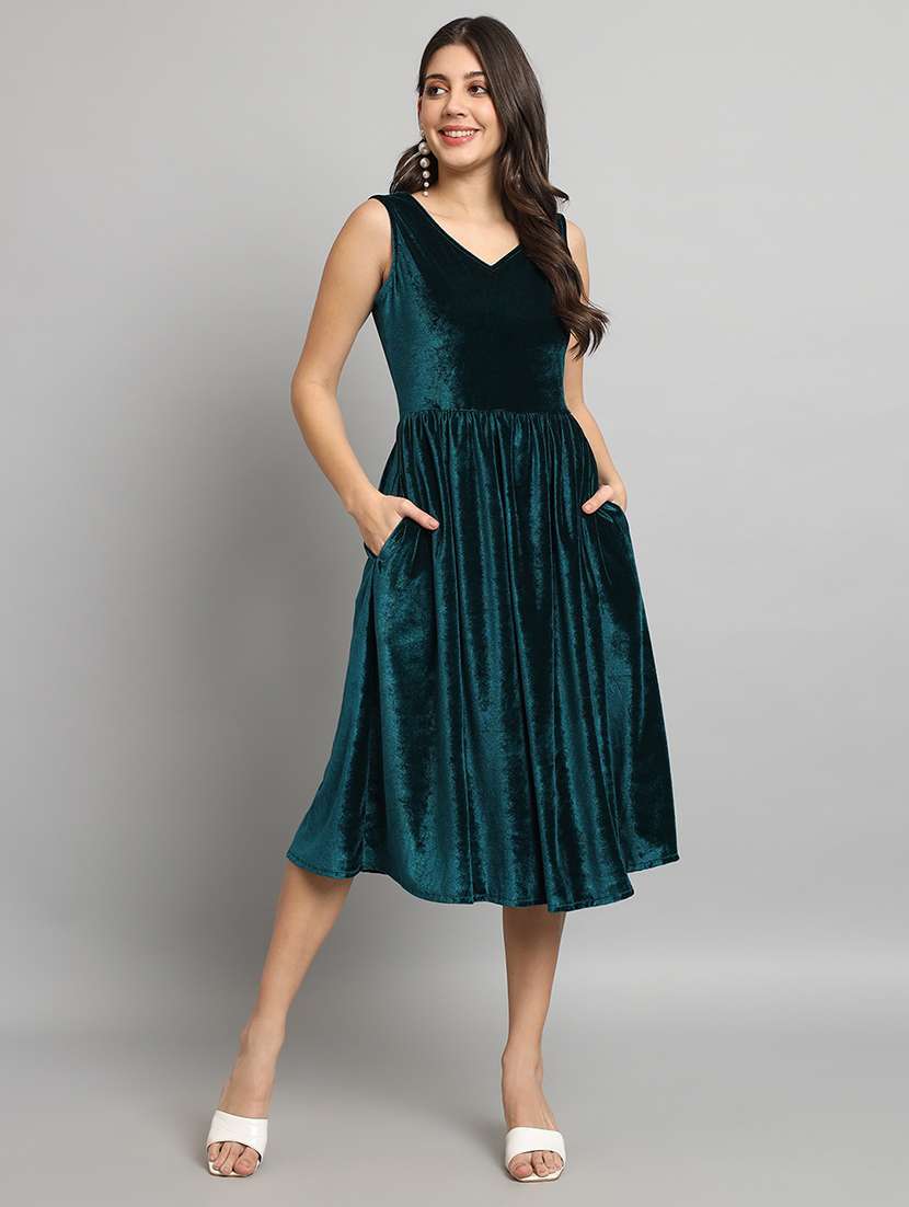 women solid sleeveless velvet fit & flare dress - 22036912 -  Standard Image - 2