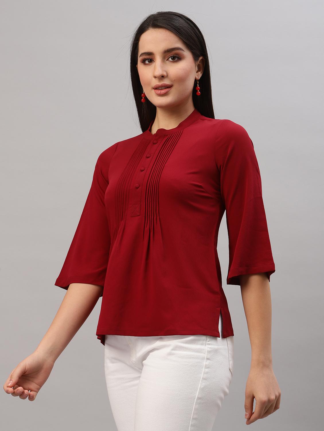 women maroon solid mandarin neck regular top - 22036964 - Standard Image - 2